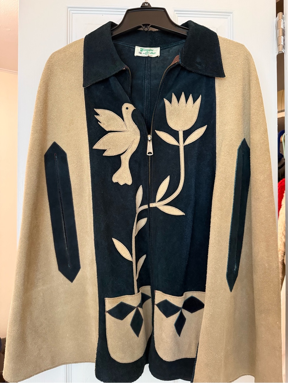 Vintage genuine leather Two-Tone Floral & Dove Zip poncho/ jacket